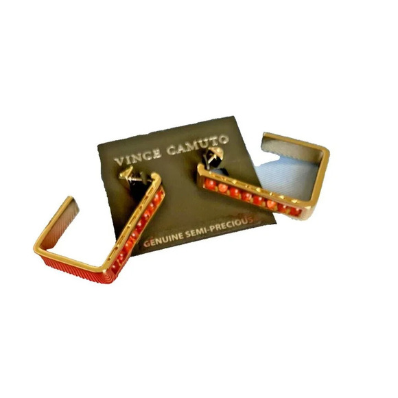 Vince Camuto Fiery Coral Semi-Precious Bead Stones Open Square Hoop Earrings - Picture 2 of 5